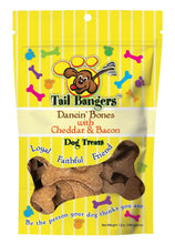 Tail Bangers Dancin' Bones cheddar and bacon dog treats bag with bone-shaped biscuits