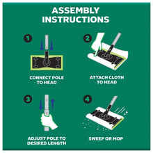Swiffer Sweep + Mop Deluxe kit assembly instructions for connecting pole and attaching cloth