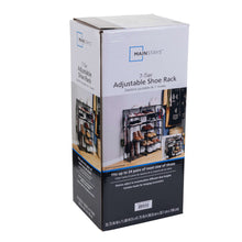 Mainstays adjustable 7-tier shoe rack product box packaging.