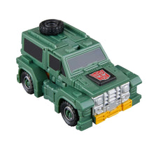 Green robot vehicle with black tires, silver details, and a red front emblem