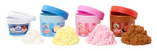 Assorted play sand topping tubs in white, blue, pink, and orange