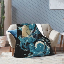 Flannel throw blanket with blue turtle character and teal swirl splash on black