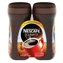 Two Nescafe Clasico instant coffee canisters, dark brown with yellow label
