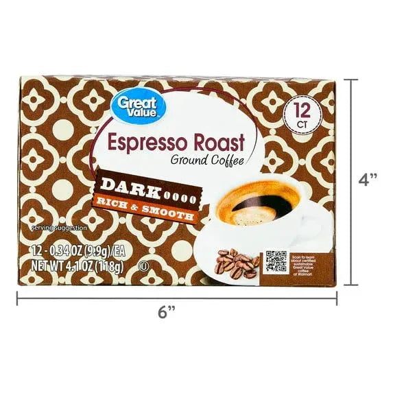 Great Value Espresso, Dark Roast Coffee Pods, 12 Count - USA MEGA SHOP