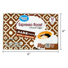 Dark roast espresso coffee pod box, 12 count, front view