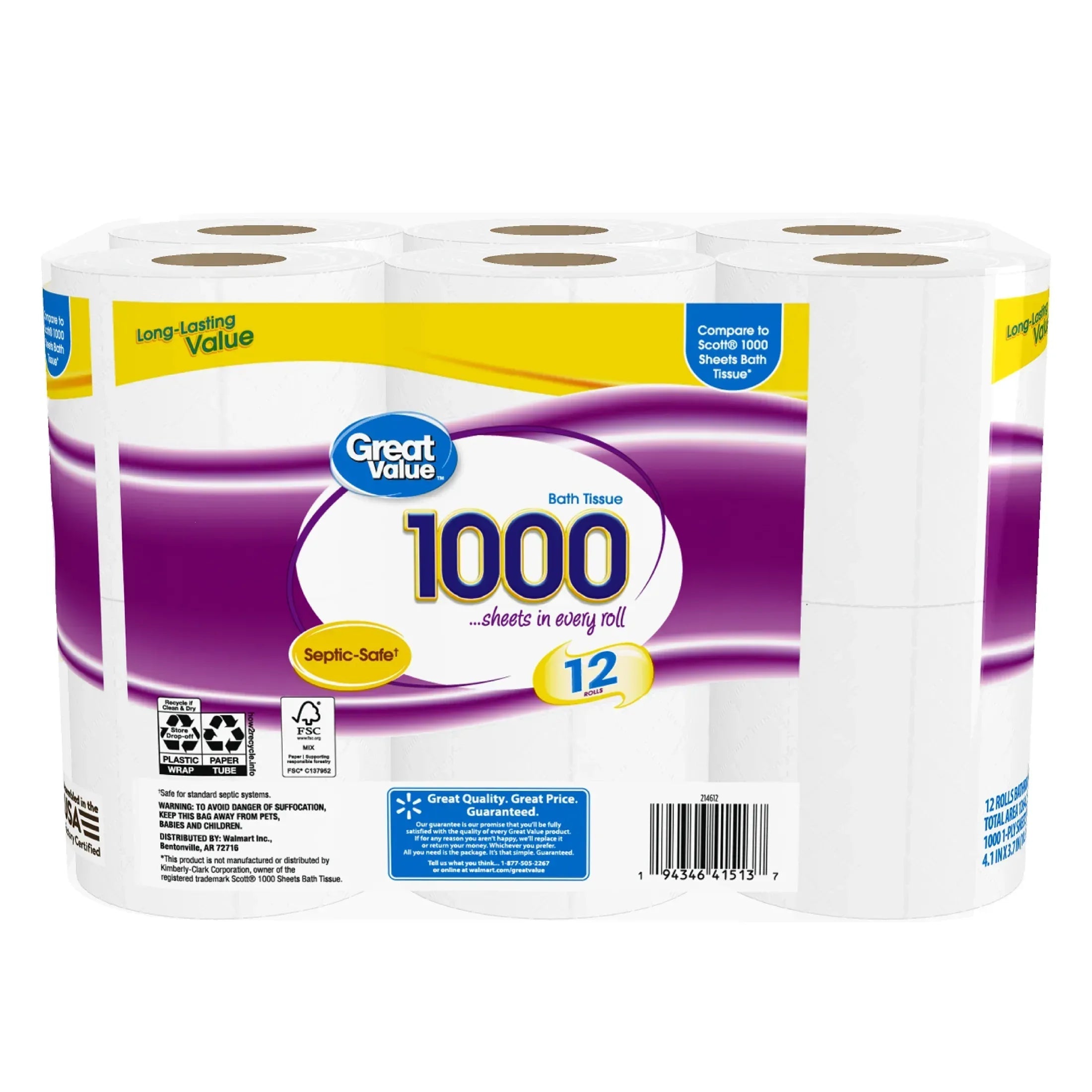 Great Value 1000 Sheets per Roll Toilet Paper, 12 Rolls, Compare to Scott® 1000 Sheets Bath Tissue