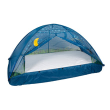 Blue kids bed tent with a white floor panel and mesh roof