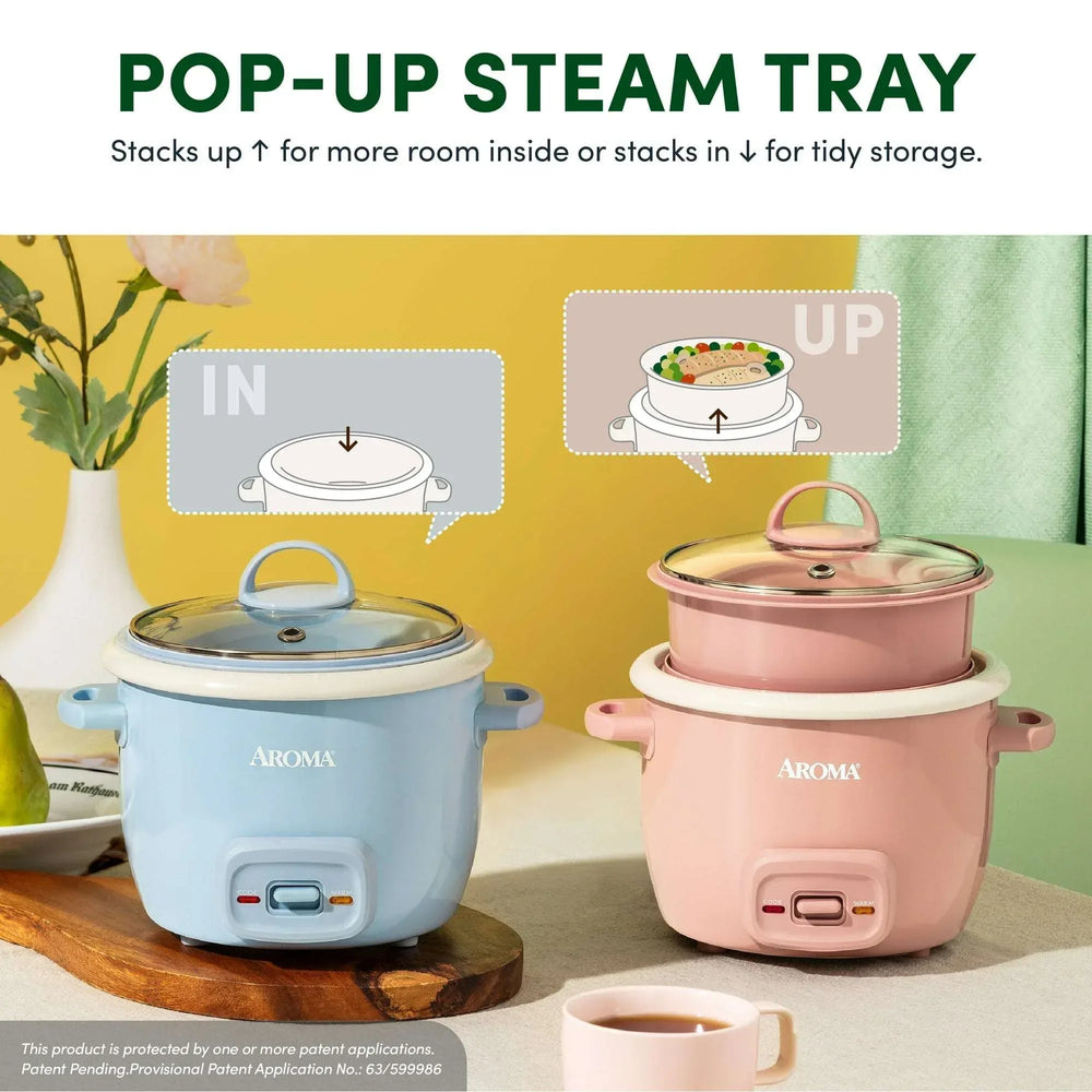 AROMA® 4-Cup Cooked, 2-Cup Uncooked Rice Cooker & Food Steamer with Bonded Granite® Nonstick Ceramic & Pop-Up Steam Tray - Blue - USA MEGA SHOP