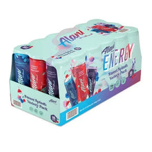 Alani Energy Sweet Splash variety pack 18-pack box, angled view with stacked cans