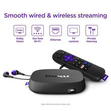 Black Roku streaming player with purple-and-black voice remote control