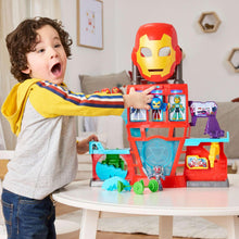 Red Iron Man electronic playset with open compartments, blue doors, and accessories