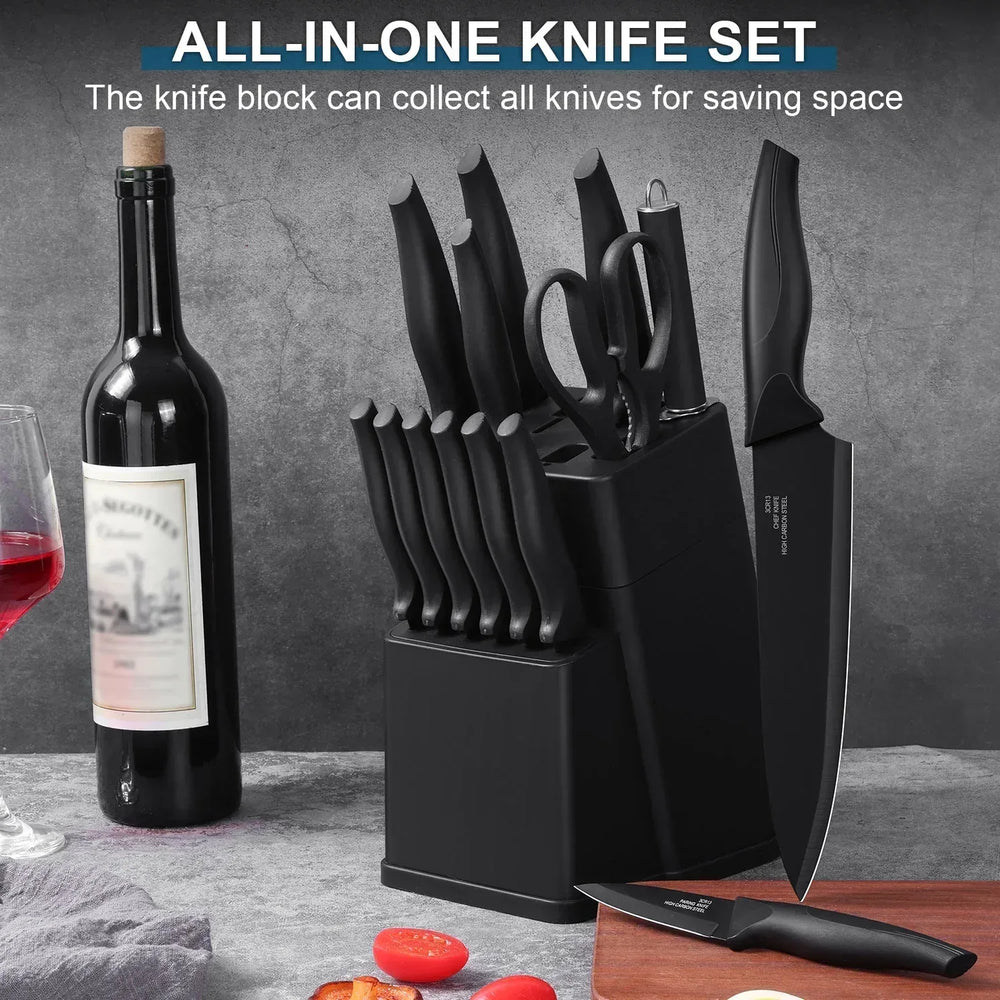 Walchoice 15 Pieces Knife Set with Block, High Carbon Stainless Steel Kitchen Knife Set with Sharpener, Rust Resistant & Dishwasher Safe - USA MEGA SHOP