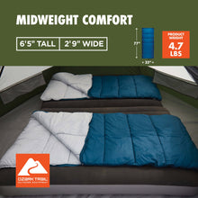 Rectangular sleeping bag spread open with blue quilted inner section and gray outer.