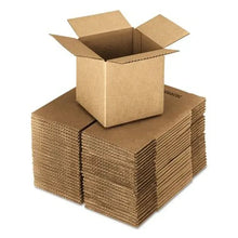 Brown corrugated cube shipping boxes, open top, stacked bundle, side view