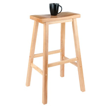 Natural wood bar stool with square seat, open center brace, and four straight legs
