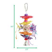 Crinkle bird toy with dangling ribbon strands and beads, shown with size guides
