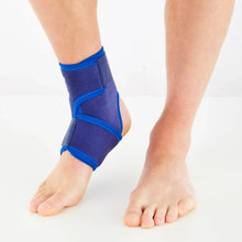Blue ankle brace with side support panels and overlapping compression straps