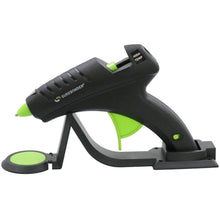 Black and green hot melt glue gun with stand and green nozzle