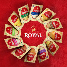 Assorted Royal yellow rice pouches arranged in a circle with the ROYAL logo center