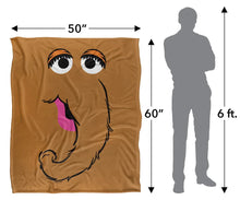 Tan throw blanket with Snuffleupagus face, size diagram 50 by 60 in