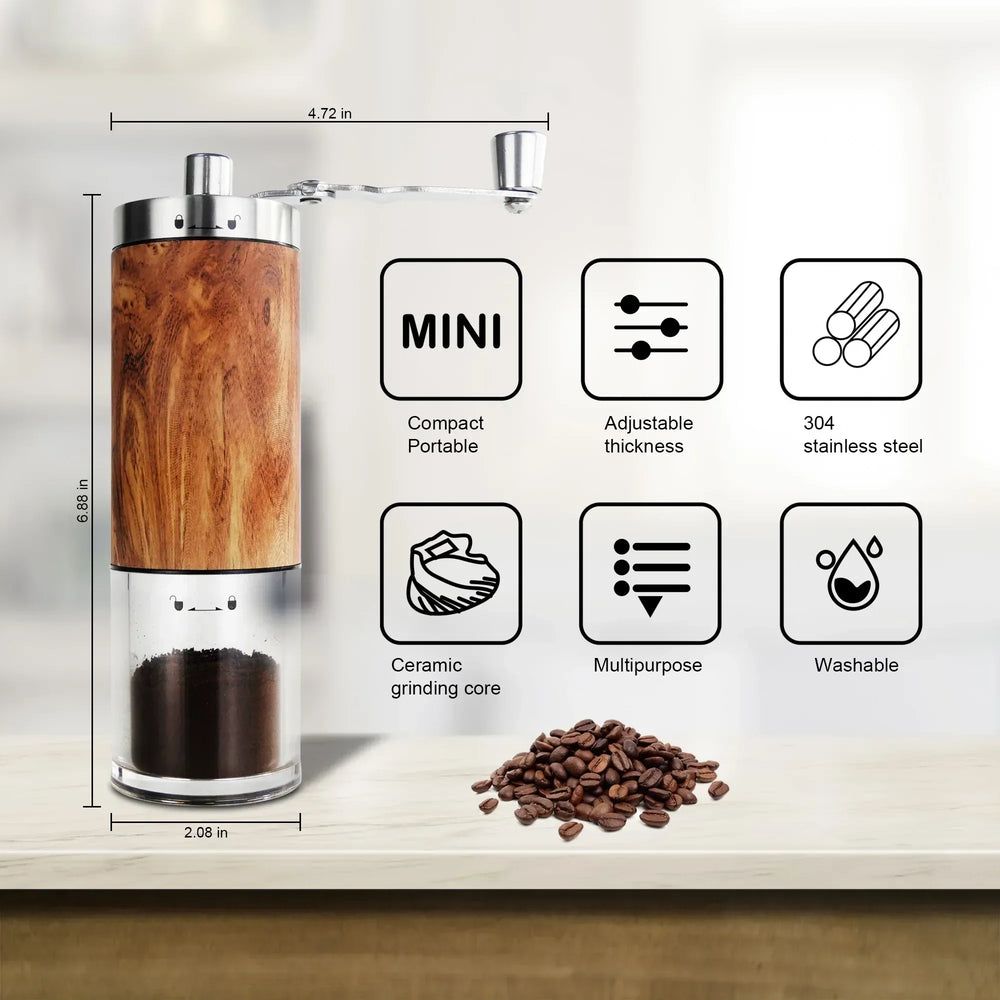 AGCAN Manual Coffee Grinder Portable Coffee Bean Mill Grinders with Ceramic Burr, 304 Stainless Steel Hand Crank - Fine Coarse Adjustable - for Outdoor, Travel, Espresso - USA MEGA SHOP