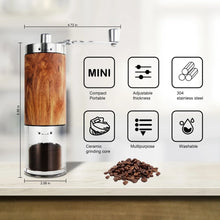 Manual coffee grinder with wooden body and stainless top, compact travel product view
