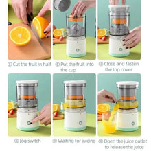 Automatic citrus juicer with hands placing fruit halves into the juicing cup