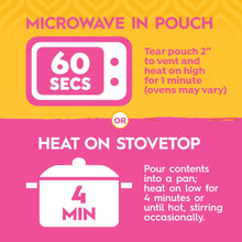 Microwave and stovetop heating instructions on organic chickpea tikka masala pouch