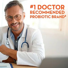 Smiling doctor in glasses and blue stethoscope with #1 doctor recommended probiotic brand text