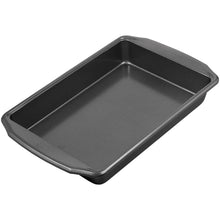 Oblong rectangular baking pan with dark non-stick interior and raised edges