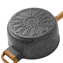 Charcoal speckled 4-quart cast aluminum sauce pan with embossed base and wood handles