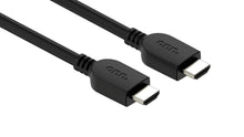 Black HDMI cable with two plug ends, angled connector housings