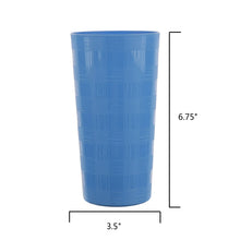 Blue plastic tumbler with etched checkered pattern, 6.75 in tall