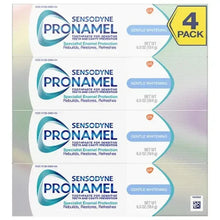 Toothpaste 4-pack carton showing four gentle whitening tube labels