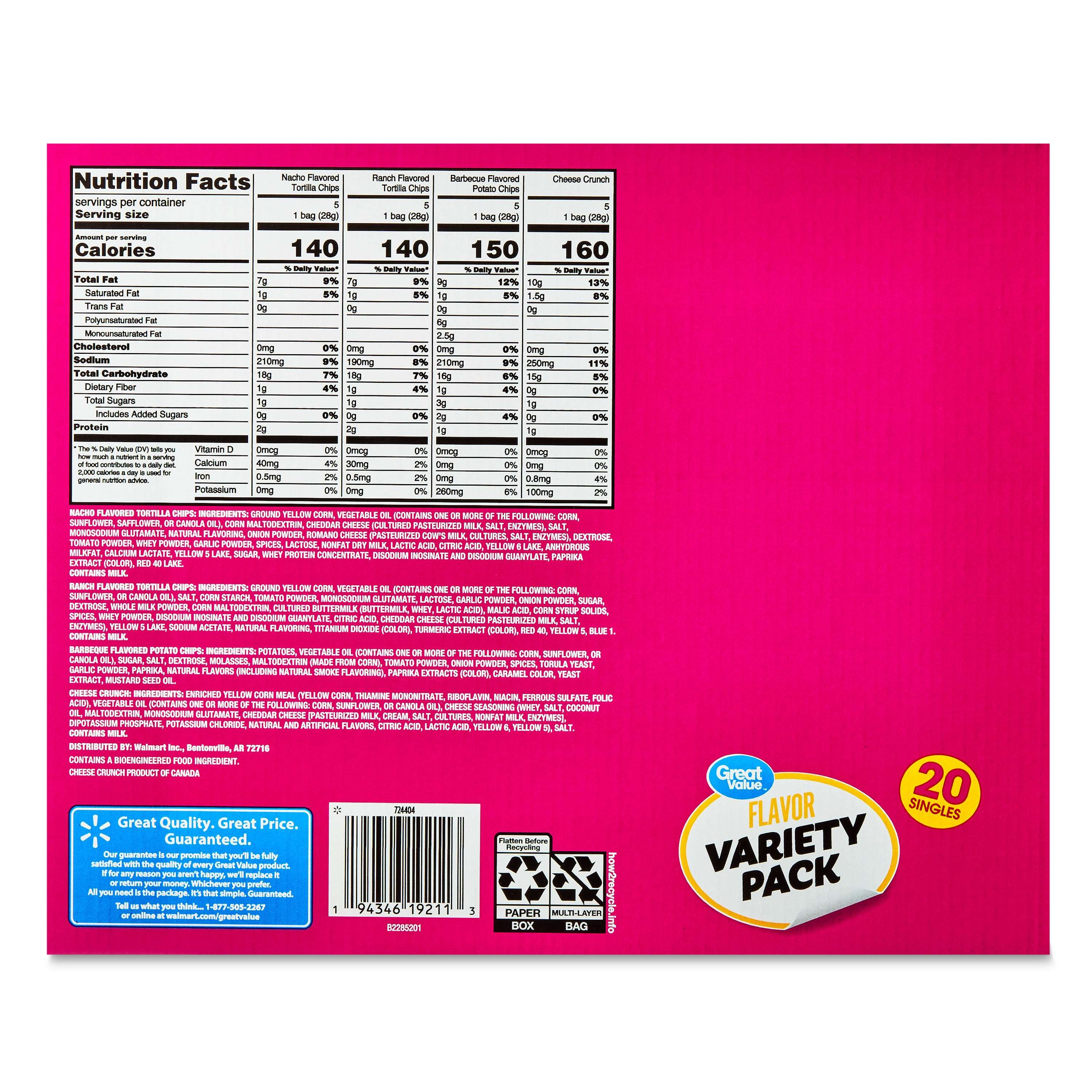 Great Value Tasty Chips Variety Pack, 1 oz, 20 Count