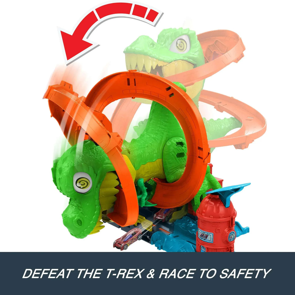 Hot Wheels City T-Rex Blaze Battle Playset & 1:64 Scale Die-Cast Car, Dinosaur Nemesis - USA MEGA SHOP