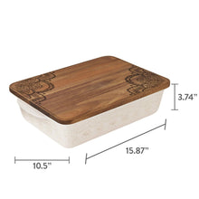 Rectangular ceramic casserole baking dish with dark wood lid and embossed linen pattern