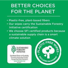 Baby wipes info panel with Better Choices for the Planet text and plant-based fibers