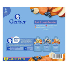 Gerber toddler food pouch variety pack box, fruit & veggie favorites layout with three pouches