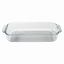 Clear glass oblong baking dish with teal-tinted handles and rim