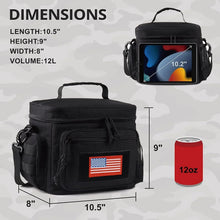 Black insulated lunch bag with zip top, front pocket, and adjustable shoulder strap.