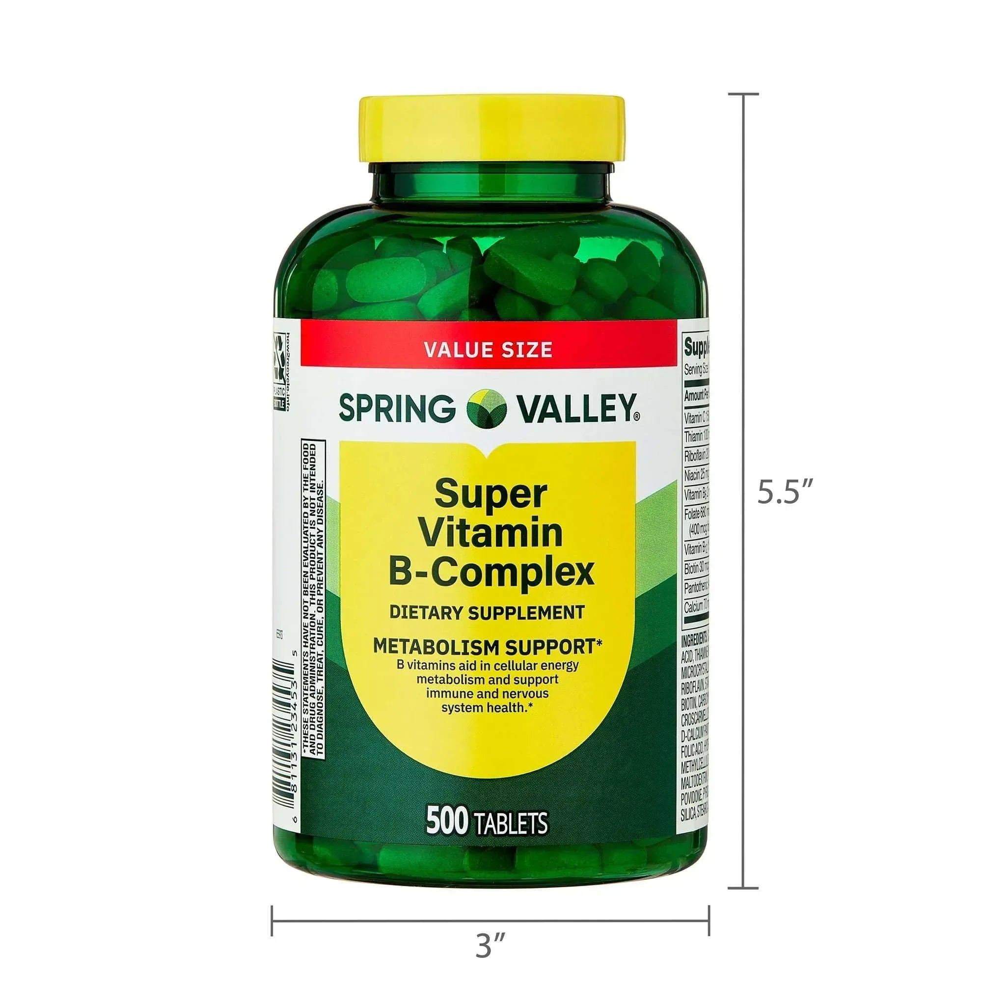 Spring Valley Super Vitamin B-Complex Dietary Supplement Tablets for Metabolism Support, 100 Count