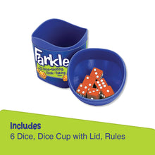 Blue dice cup with lid holding orange dice