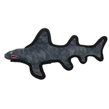 Shark plush dog toy, dark blue-gray with red-trim mouth and black edging.