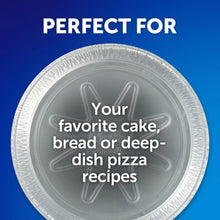 Silver round foil cake pan shown with embossed divider pattern on top