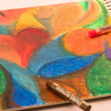 Pentel oil pastel with rounded tip, coloring a swirled multicolor painting