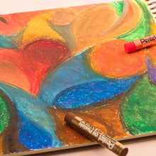 Oil pastel sticks with colorful painted strokes on paper, Pentel brand shown