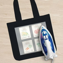 Dark fabric transfer paper sheets with vegetable prints, shown with a pressing iron