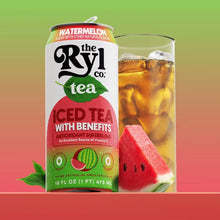 Ryl Tea watermelon iced tea can beside a glass of iced tea