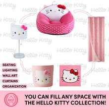 Hello Kitty plush table lamp with white cat face, pink bow, and dotted shade